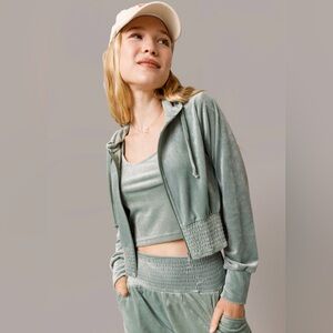 Sage Green Velvet Full Zip Cropped Jacket